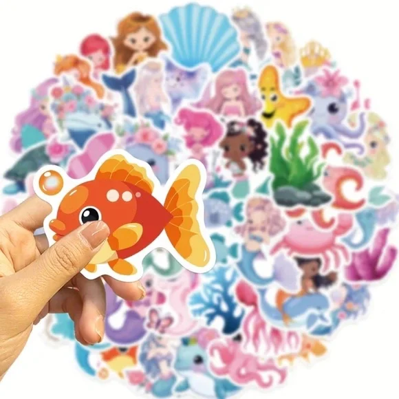 Cute Mermaid & Sea Friends 50 Stickers Fish Shells Pastel Pink, Blue, Purple - Picture 4 of 9